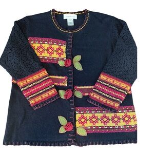 Vintage 2003 Susan Bristol Hand Embroidered Folk Art Sweater Floral M/L Roses